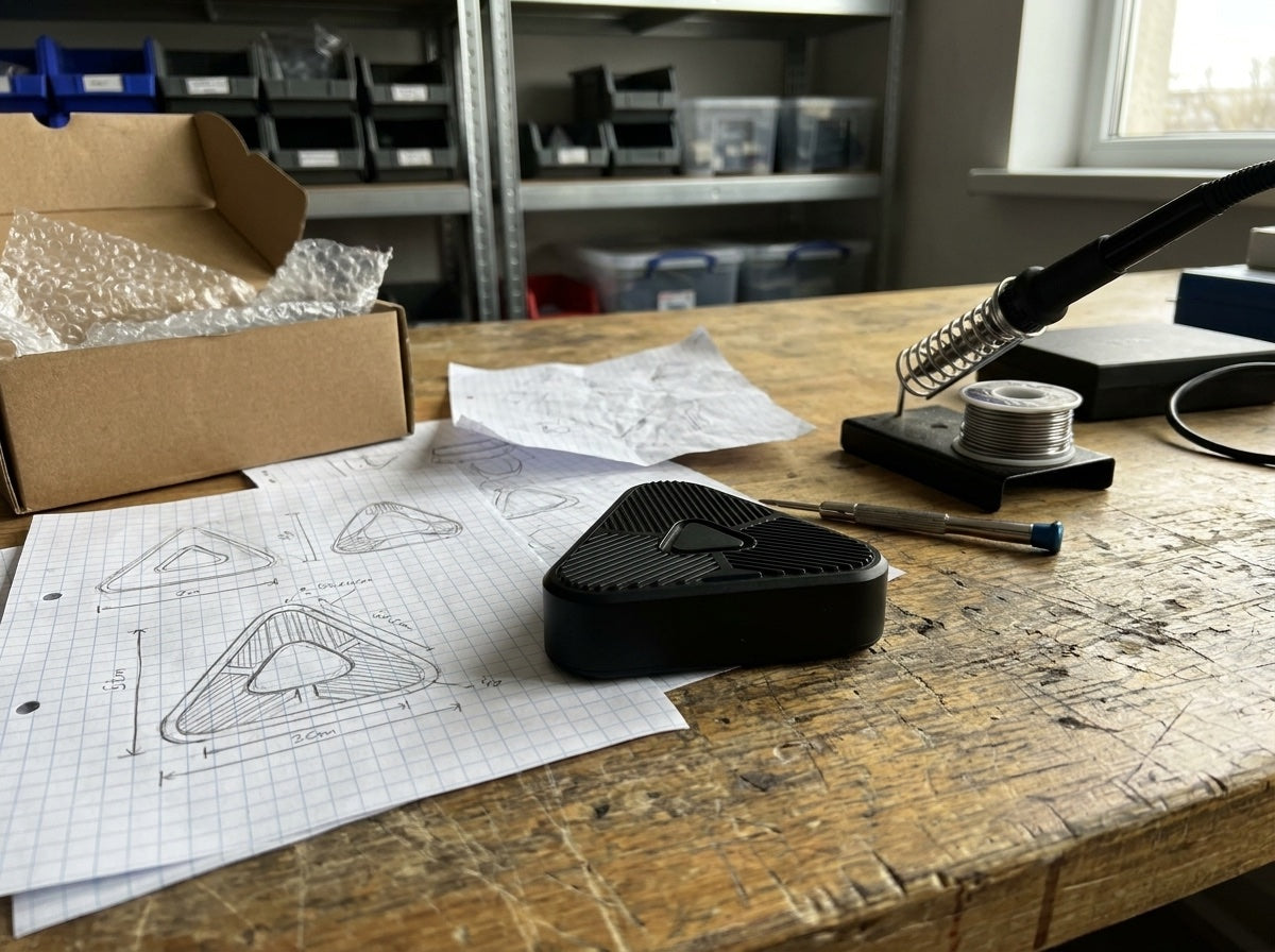 Workbench with an oscilloscope and Eoka Clip prototypes in various versions