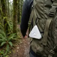 Customer photo — white clip on a green hiking backpack